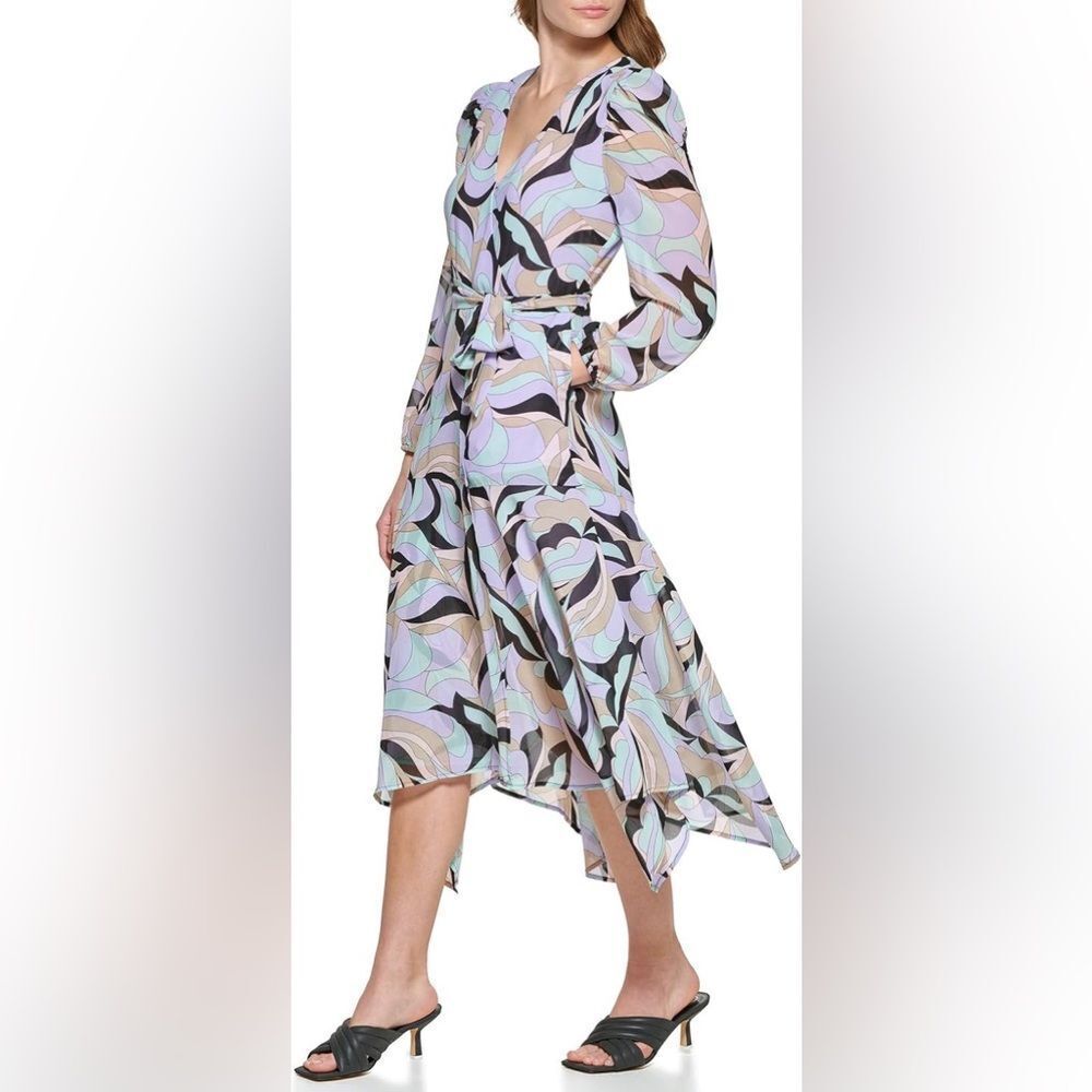 NWT Calvin Klein Women's Faux Wrap Puff Sleeve Midi Dress in Black Opal Print